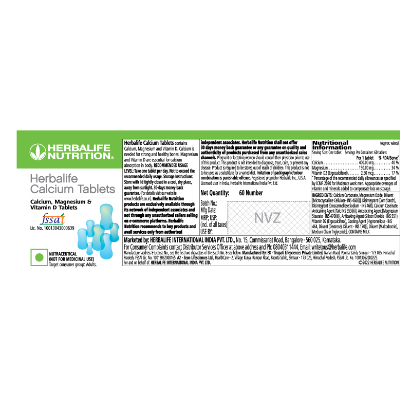 Herbalife Calcium Tablets Label Details